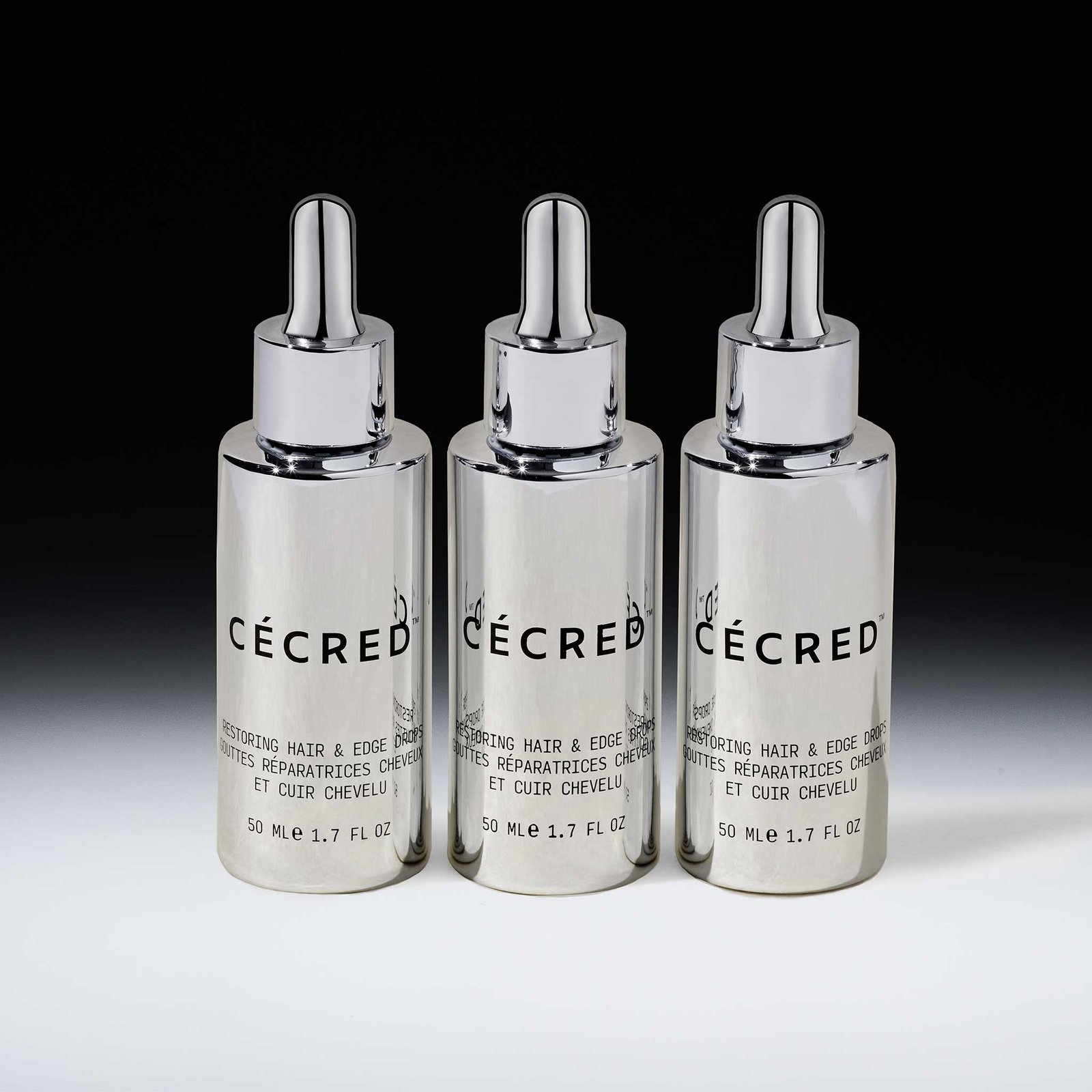 Cécred product lineup showing full collection displayed on a gradient black and white background