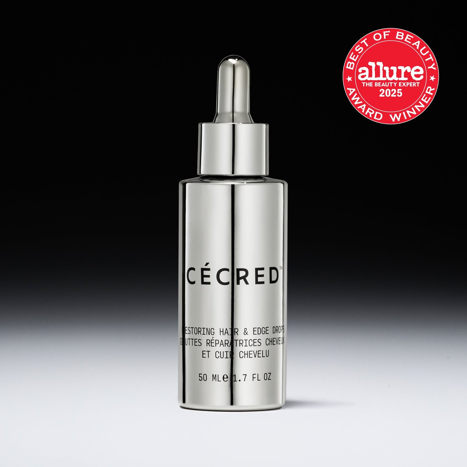 Cécred Restoring Hair & Edge Drops in a silver cylindrical dropper bottle with Allure Best of Beauty 2025 award badge